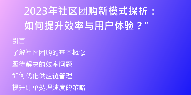 2023年社区团购新模式探析：如何提升效率与用户体验？”